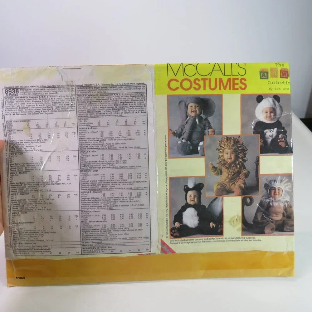 McCalls 8938 Sewing Pattern Toddler 1 Elephant Panda Lion Skunk Monkey Halloween